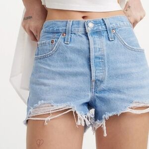 Levi's 501 Light Blue Distressed Denim Shorts Button Fly Sz 31